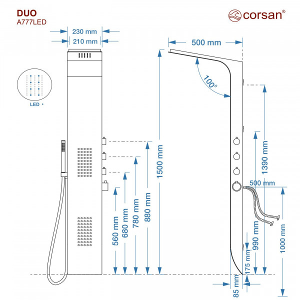 Душова панель CORSAN DUO BLACK WHITE LED