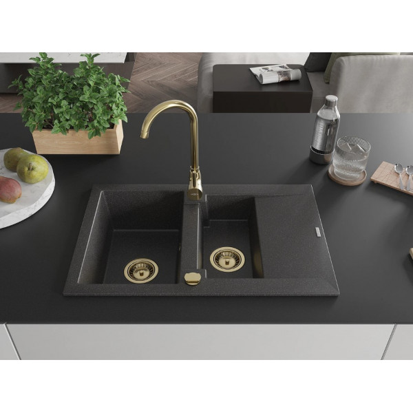 Гранітна кухонна мийка MEXEN GASPAR BLACK GRANITE + сифон GOLD