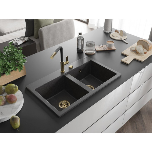 Гранітна кухонна мийка MEXEN HEKTOR BLACK GRANITE + сифон GOLD