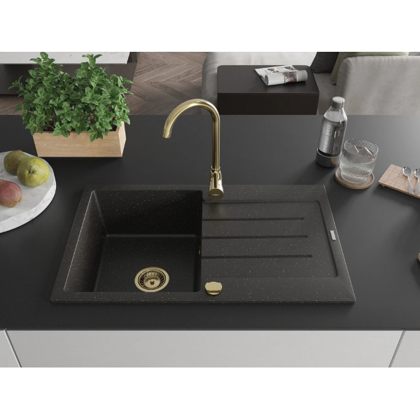 Гранітна кухонна мийка MEXEN BRUNO BLACK GOLD + сифон GOLD