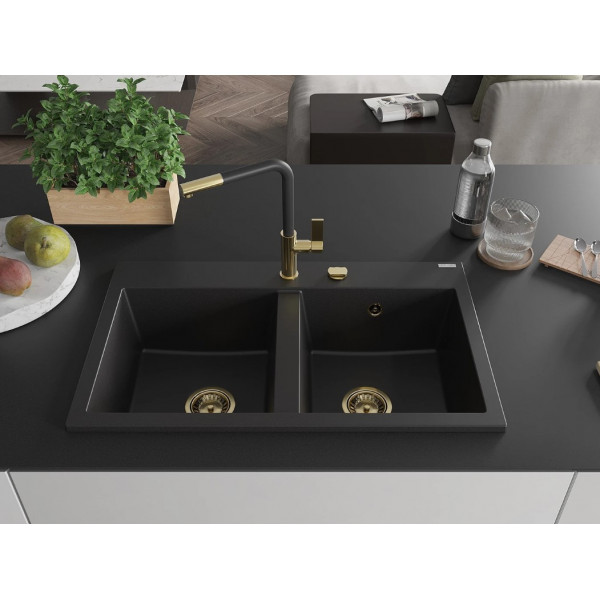 Гранітна кухонна мийка MEXEN HEKTOR BLACK + сифон GOLD