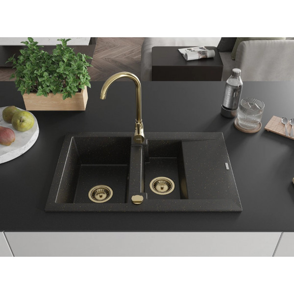 Гранітна кухонна мийка MEXEN GASPAR BLACK GOLD + сифон GOLD