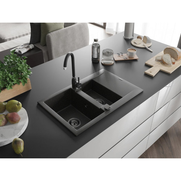 Гранітна кухонна мийка MEXEN GASPAR BLACK GOLD + сифон BLACK