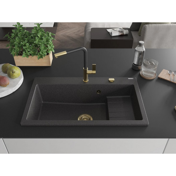 Гранітна кухонна мийка MEXEN OMAR BLACK GRANITE + сифон GOLD