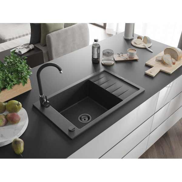 Гранітна кухонна мийка MEXEN ELIAS BLACK GRANITE + сифон BLACK