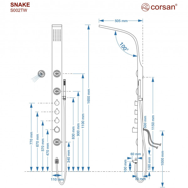 Душова панель CORSAN SNAKE BLACK з виливом та термостатом