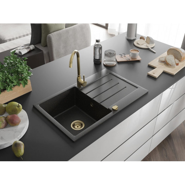 Гранітна кухонна мийка MEXEN BRUNO BLACK GOLD + сифон GOLD