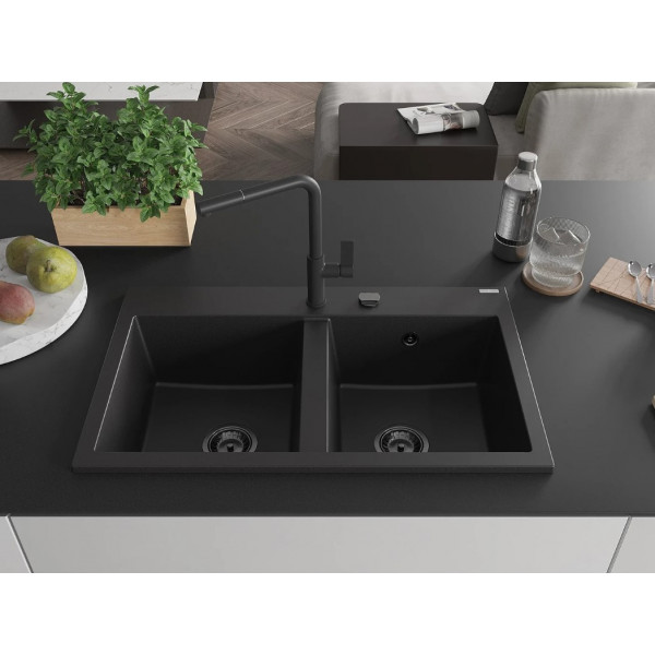 Гранітна кухонна мийка MEXEN HEKTOR BLACK + сифон BLACK