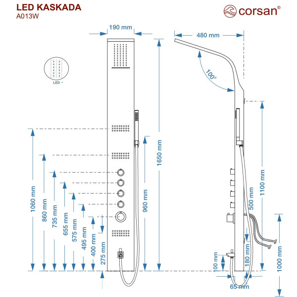 Душова панель CORSAN KASKADA SILVER LED з виливом та термостатом