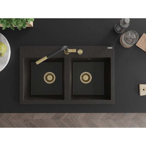 Гранітна кухонна мийка MEXEN HEKTOR BLACK GOLD + сифон GOLD