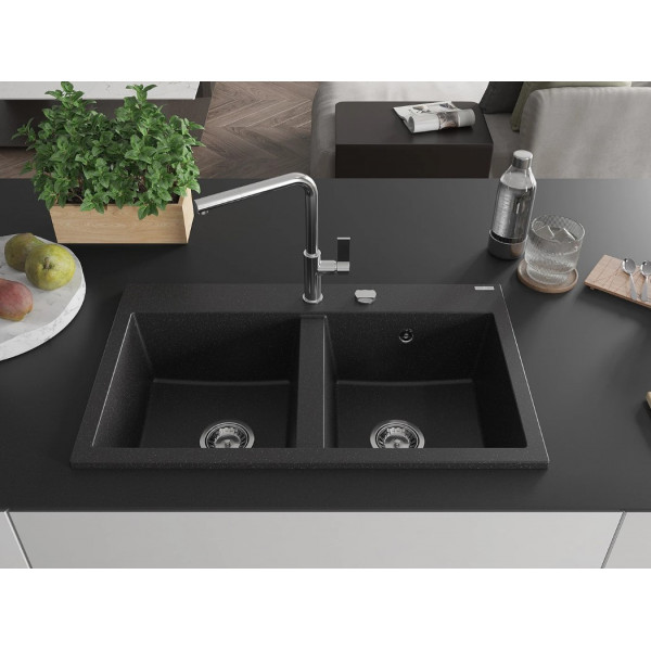 Гранітна кухонна мийка MEXEN HEKTOR BLACK SILVER + сифон CHROME