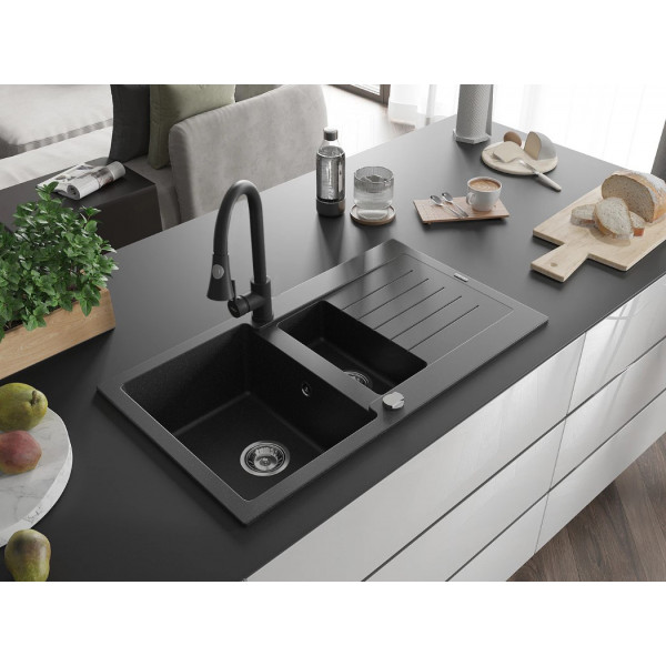 Гранітна кухонна мийка MEXEN MATIAS BLACK SILVER + сифон CHROME