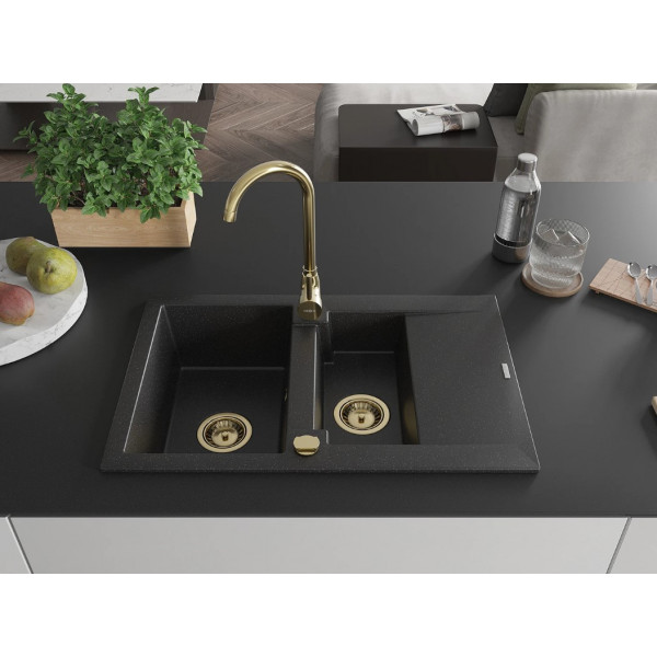 Гранітна кухонна мийка MEXEN GASPAR BLACK SILVER + сифон GOLD