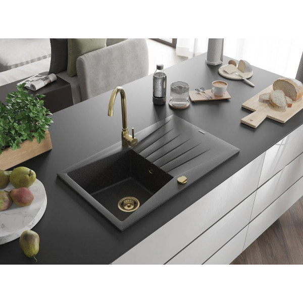 Гранітна кухонна мийка MEXEN CESAR BLACK GRANITE + сифон GOLD