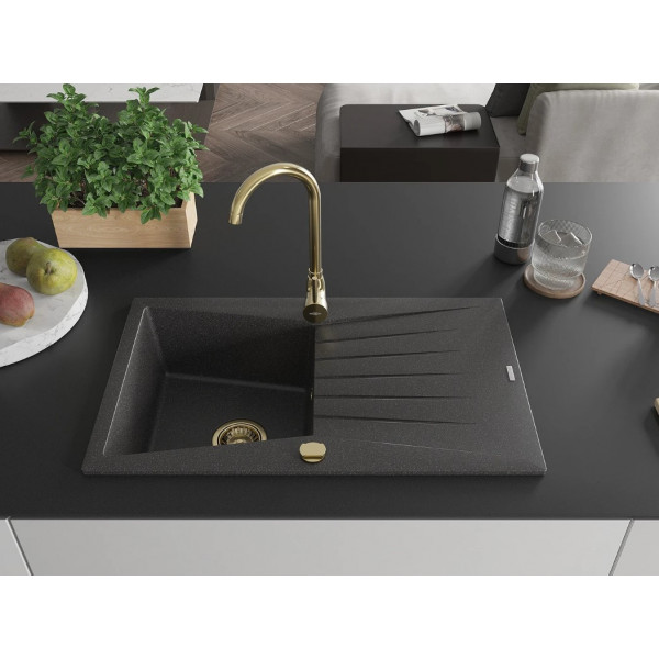 Гранітна кухонна мийка MEXEN CESAR BLACK GRANITE + сифон GOLD