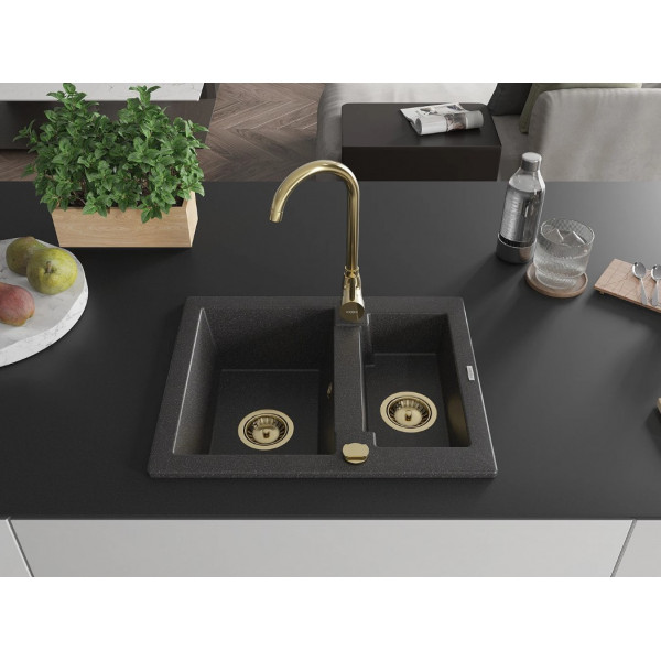 Гранітна кухонна мийка MEXEN CARLOS BLACK GRANITE + сифон GOLD