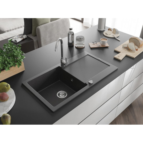 Гранітна кухонна мийка MEXEN LEO BLACK GRANITE + сифон CHROME