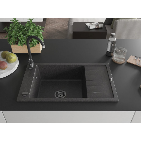Гранітна кухонна мийка MEXEN ELIAS BLACK GRANITE + сифон BLACK