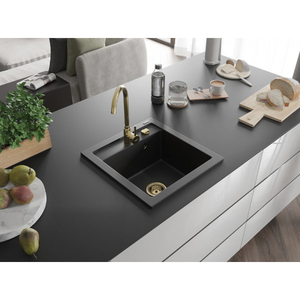 Гранітна кухонна мийка MEXEN VITO BLACK + сифон GOLD