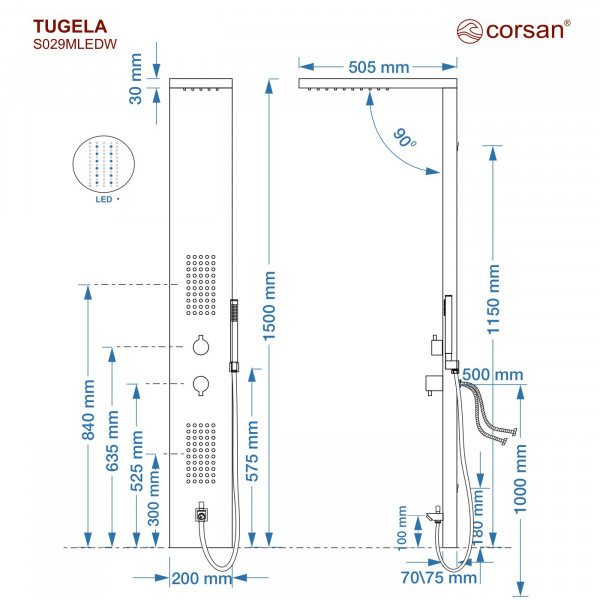 Душова панель CORSAN TUGELA BLACK LED з виливом