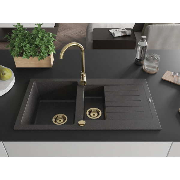 Гранітна кухонна мийка MEXEN MATIAS BLACK GRANITE + сифон GOLD