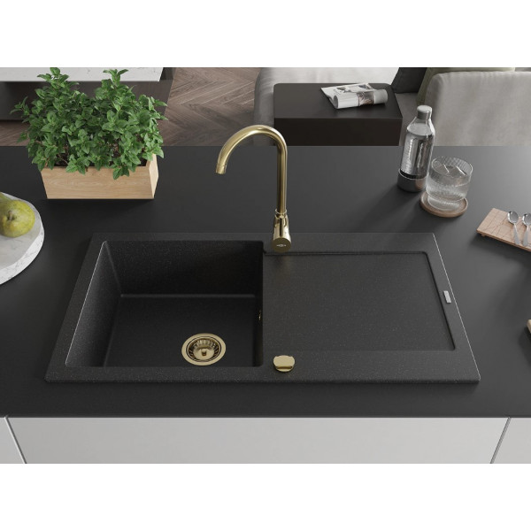 Гранітна кухонна мийка MEXEN LEO BLACK SILVER + сифон GOLD