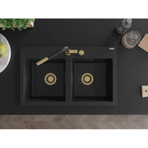 Гранітна кухонна мийка MEXEN HEKTOR BLACK + сифон GOLD