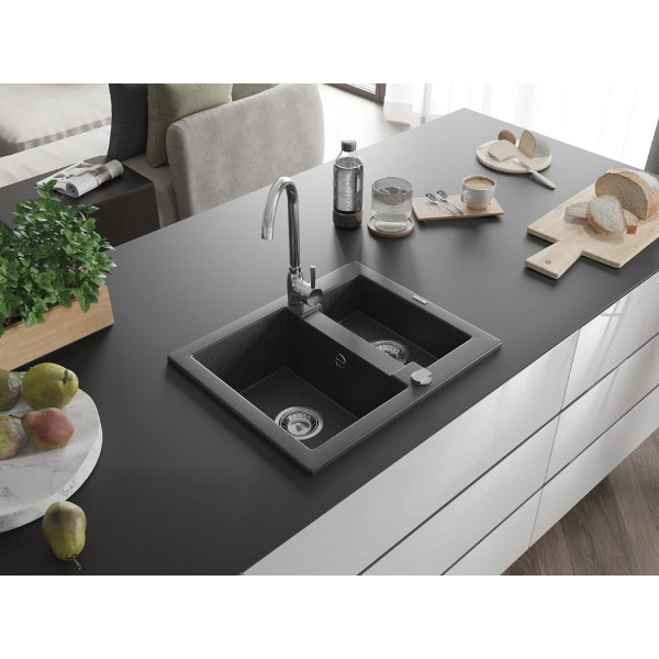 Гранітна кухонна мийка MEXEN CARLOS BLACK GRANITE + сифон CHROME