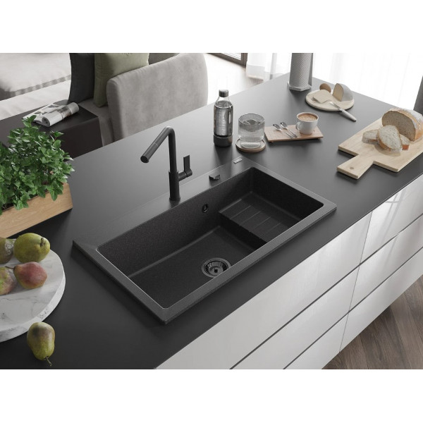 Гранітна кухонна мийка MEXEN OMAR BLACK GRANITE + сифон BLACK