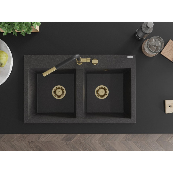Гранітна кухонна мийка MEXEN HEKTOR BLACK GRANITE + сифон GOLD