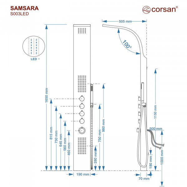 Душова панель CORSAN SAMSARA INOX LED з термостатом