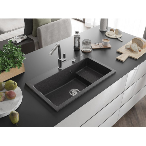 Гранітна кухонна мийка MEXEN OMAR BLACK GRANITE + сифон CHROME