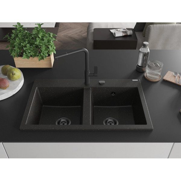 Гранітна кухонна мийка MEXEN HEKTOR BLACK GOLD + сифон BLACK