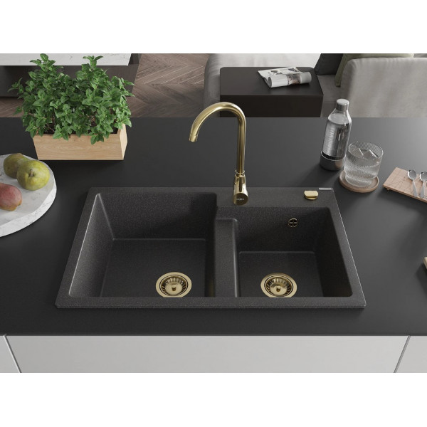 Гранітна кухонна мийка MEXEN TOMAS BLACK GRANITE + сифон GOLD