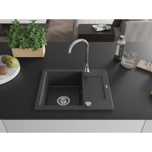 Гранітна кухонна мийка MEXEN ENZO BLACK GRANITE + сифон CHROME