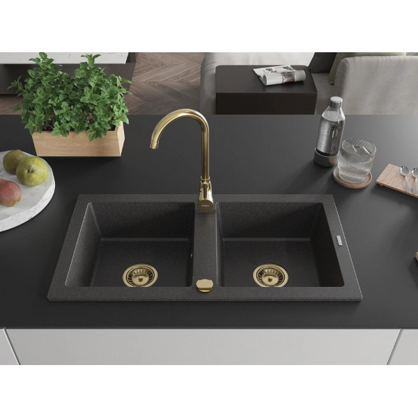 Гранітна кухонна мийка MEXEN MARIO BLACK GRANITE + сифон GOLD
