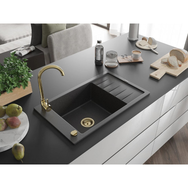 Гранітна кухонна мийка MEXEN ELIAS BLACK GRANITE + сифон GOLD