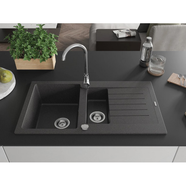 Гранітна кухонна мийка MEXEN MATIAS BLACK GRANITE + сифон CHROME