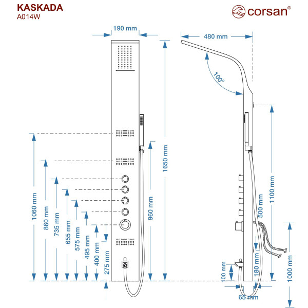 Душова панель CORSAN KASKADA SILVER з виливом та термостатом