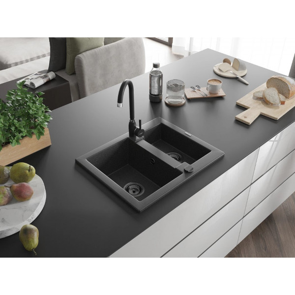 Гранітна кухонна мийка MEXEN CARLOS BLACK GRANITE + сифон BLACK