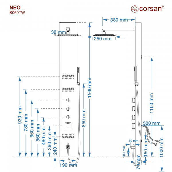 Душова панель CORSAN NEO BLACK з виливом та термостатом