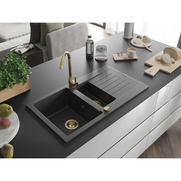 Гранітна кухонна мийка MEXEN MATIAS BLACK GRANITE + сифон GOLD