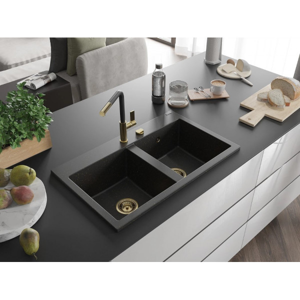 Гранітна кухонна мийка MEXEN HEKTOR BLACK GOLD + сифон GOLD