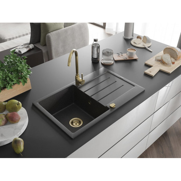 Гранітна кухонна мийка MEXEN BRUNO BLACK GRANITE + сифон GOLD