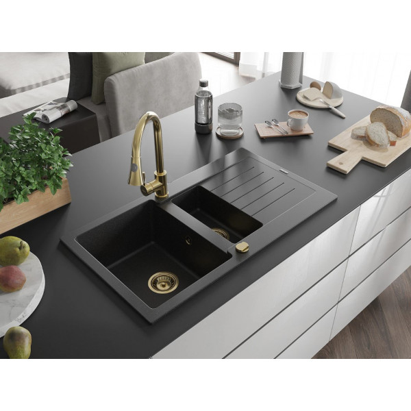 Гранітна кухонна мийка MEXEN MATIAS BLACK SILVER + сифон GOLD
