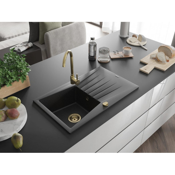 Гранітна кухонна мийка MEXEN CESAR BLACK SILVER + сифон GOLD