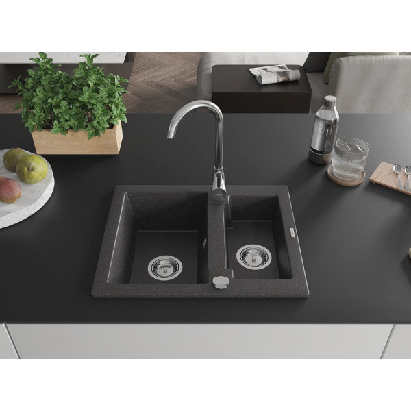 Гранітна кухонна мийка MEXEN CARLOS BLACK GRANITE + сифон CHROME