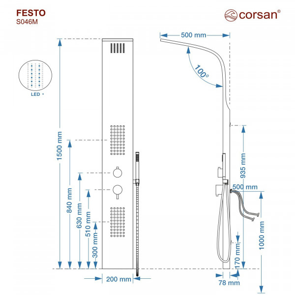 Душова панель CORSAN FESTO BLACK LED