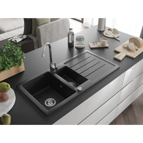 Гранітна кухонна мийка MEXEN ANDRES BLACK SILVER + сифон CHROME