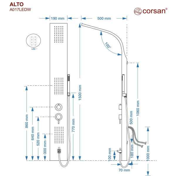 Душова панель CORSAN ALTO BLACK LED з виливом